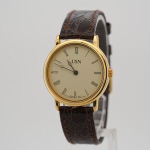 OneWorld USN US Navy Watch Gold Tone Roman Numeral Cream Dial Leather 31mm Runs